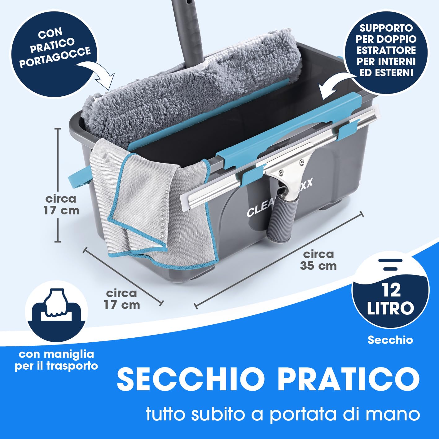 CLEANmaxx Set di lavavetri, set da 7 pezzi, per superfici in casa e auto, con estrattore per finestre, lavavetri, detergenti, salviette, secchi e 2 supporti per tergicristalli e estrattori
