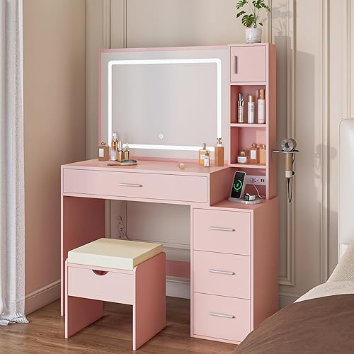 Miniatura 6 de Escritorio de tocador con espejo iluminado LED, mesa de maquillaje grande con taburete y mesita de noche móvil, 6 compartimentos abiertos, tocador