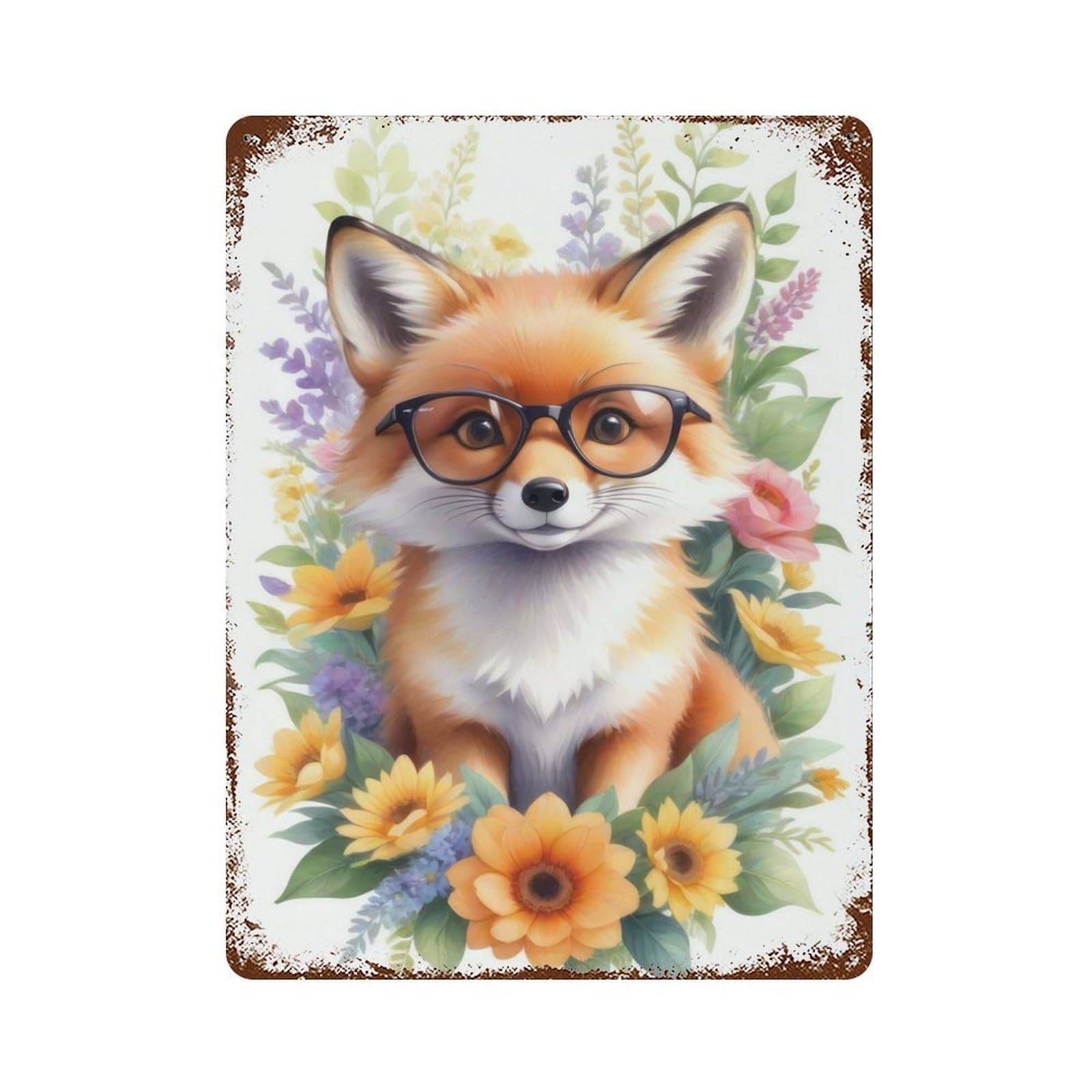 Watercolor Fox Painting Rusty Metal Tin Sign 15.7"x11.8", Ideal for Patio, Garden Room And Bar Decor