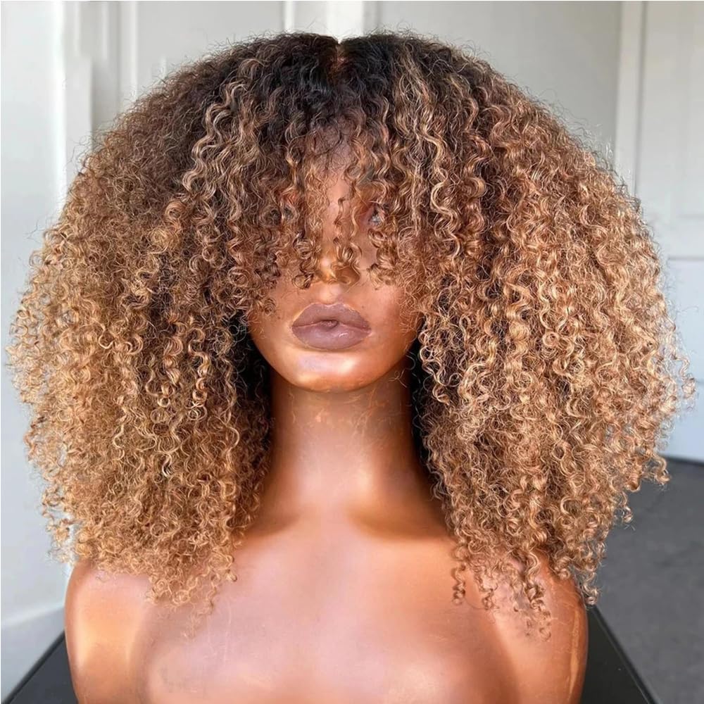 Highlight Honey Blonde Colored Afro Kinky Curly Wigs 180% Density Short Bob Kinky Curly Invisible HD 13x4 Lace Front Wigs Human Hair With Bangs Brazilian Virgin Hair Bleached Knots Glueless Wig