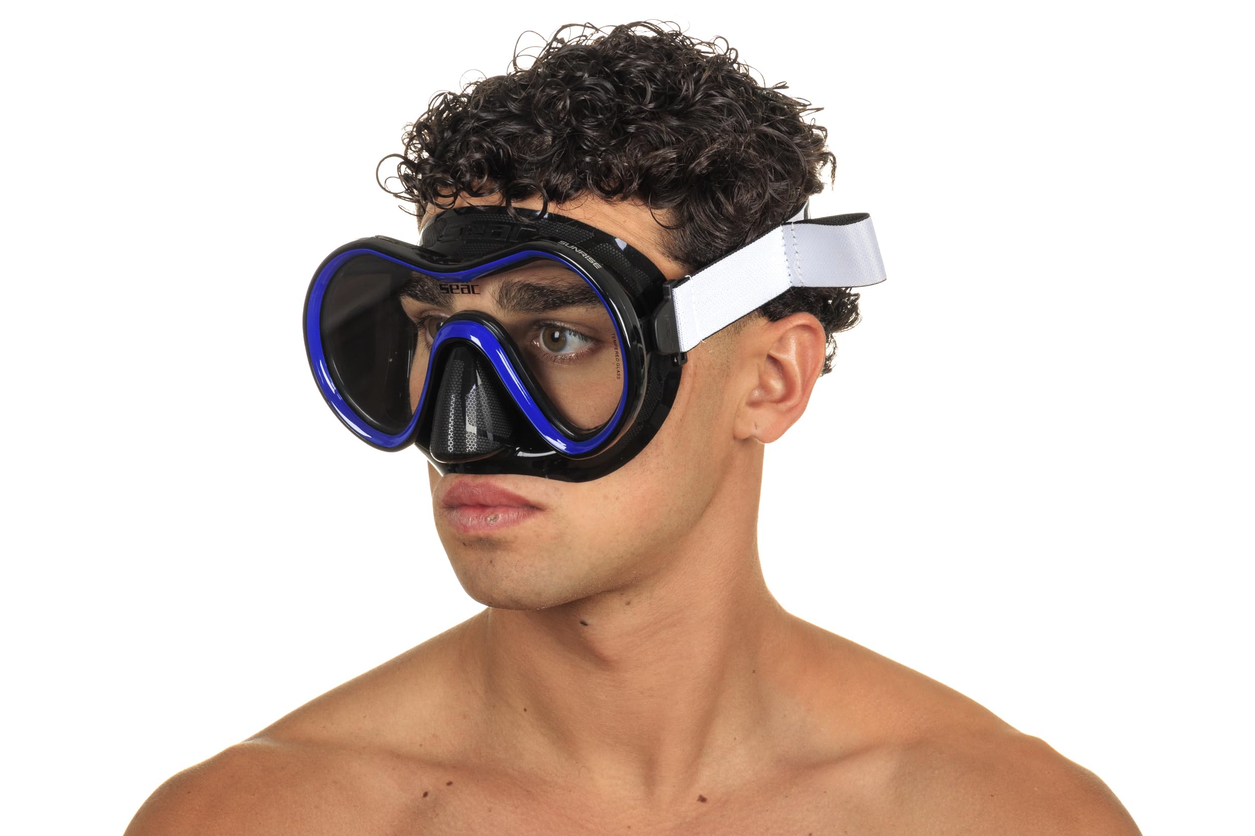 SEAC Sunrise máscara de Buceo y Snorkel de una Sola Cara de Vidrio Templado con Hebilla 3D, con Casco de Tela o Silicona, Unisex Adulto