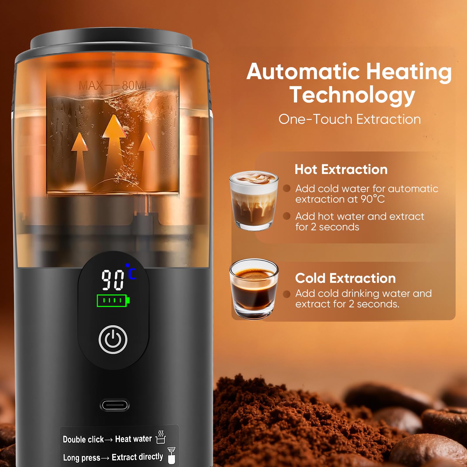 Macchina Caffe Espresso Portatile, 3 In 1 Caffettiera Elettrica Compatibile con Capsule Nespresso & Caffè Macinato, Auto-Riscaldamento, 20 bar, USB Ricaricabile, per Viaggi Campeggio Auto Ufficio