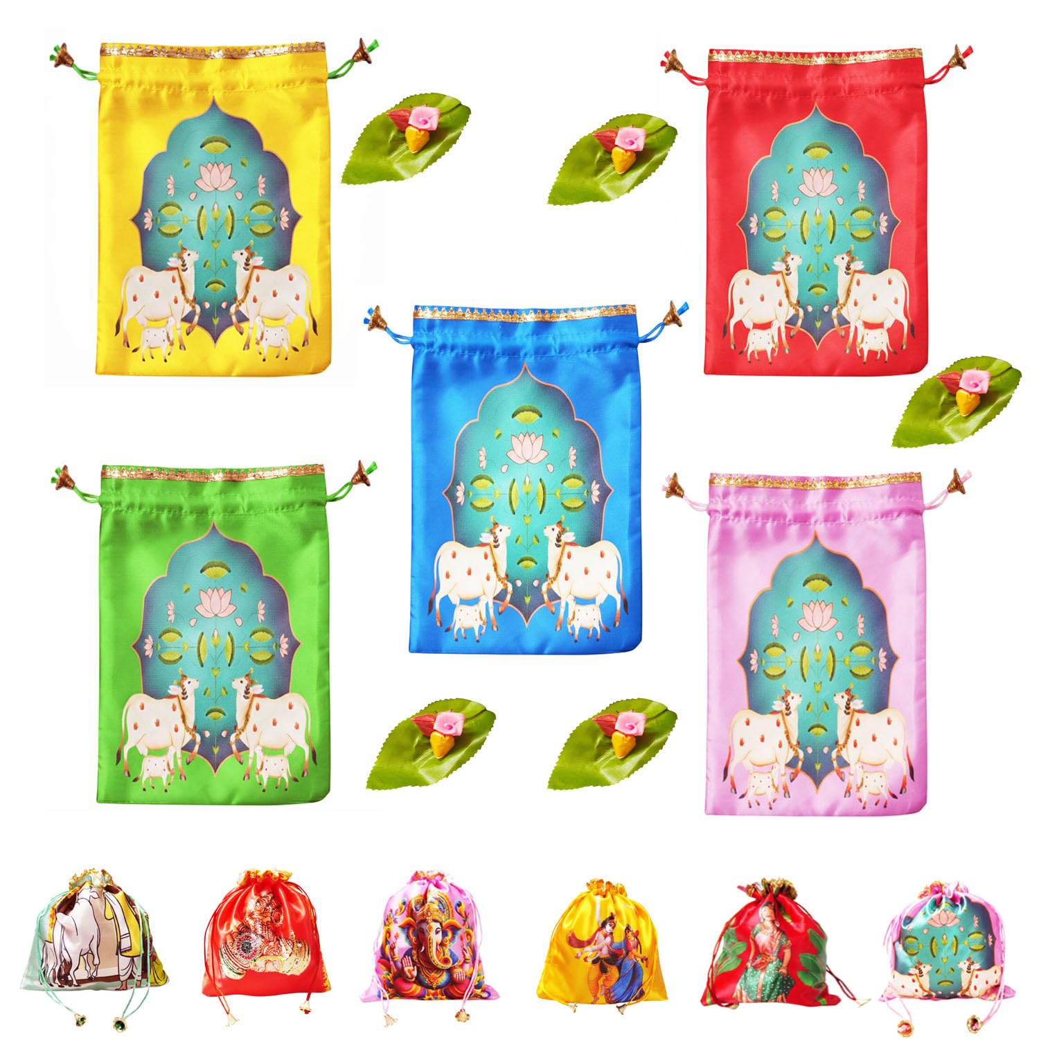 (20 x 25 cm Drawstring Closure Potli Bags with Leaf & Haldi Kumkum Pouches Sets for Pooja, Weddings, Return Gifts, Jewellery, Functions & Festivals-image-43