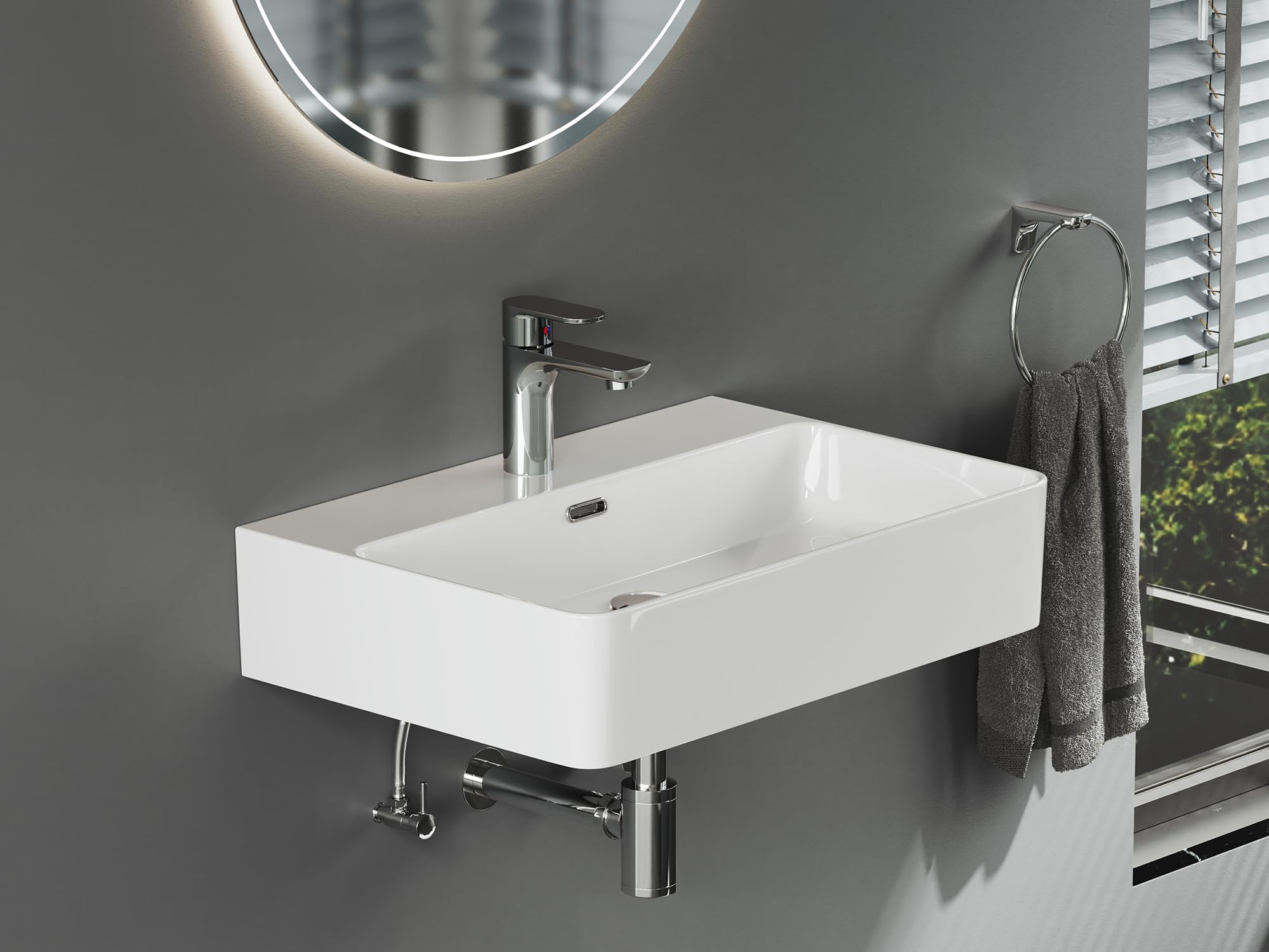 Aqua Bagno Keramik Waschbecken 60cm, Modernes Design für Bad & Gäste-WC, Aufsatzwaschbecken weiß