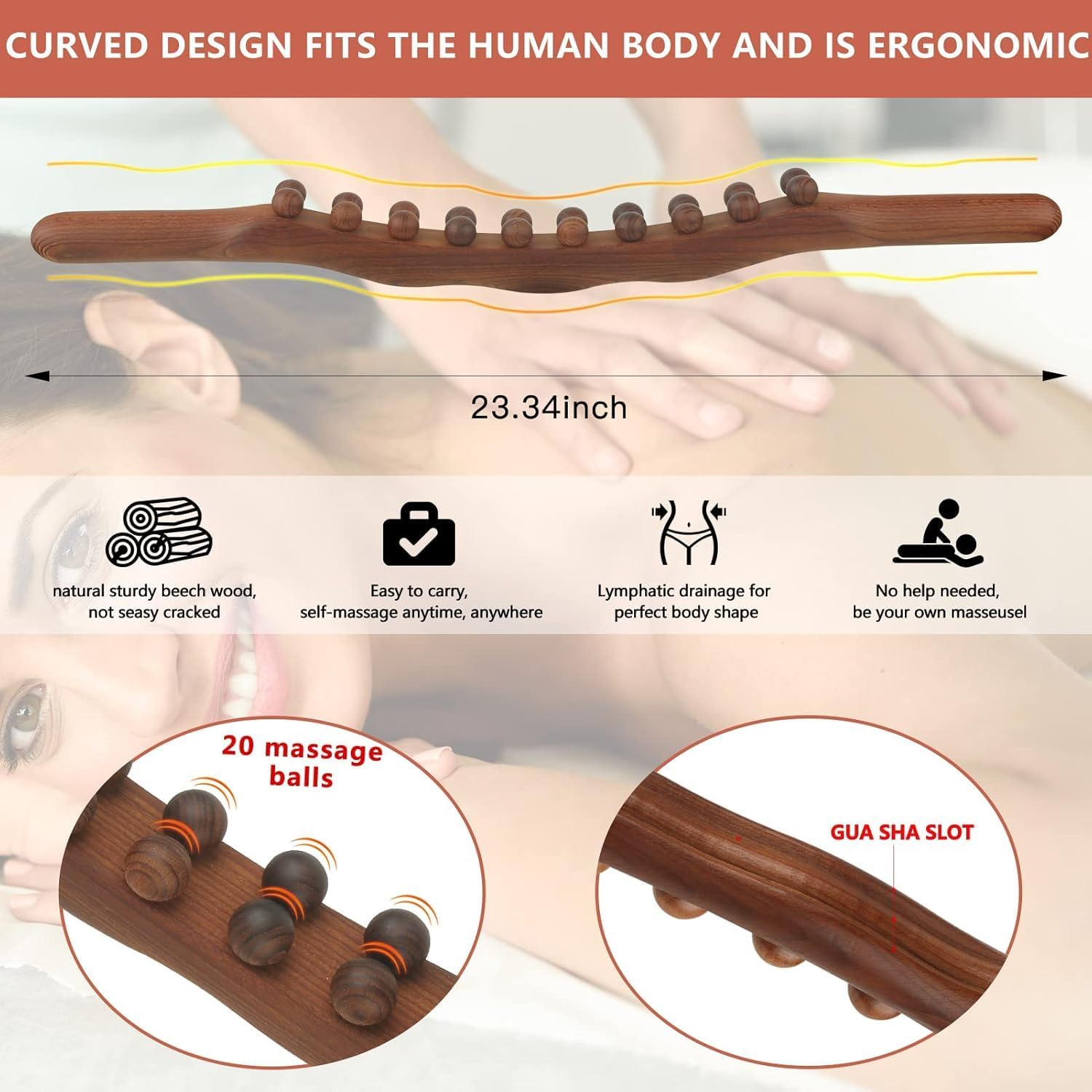 ZELVO Wood Massage Stick Tools Wooden Therapy Scraping Lymphatic Drainage Massager, Double Row 20 Beads Point Treatment Gua Sha Tools for Back Leg Whole Body ZELVO Wood Massage Stick Tools Wooden Therapy Scraping Lymphatic Drainage Massager, Double Row 20 Beads Point Treatment Gua Sha Tools for Back Leg Whole Body