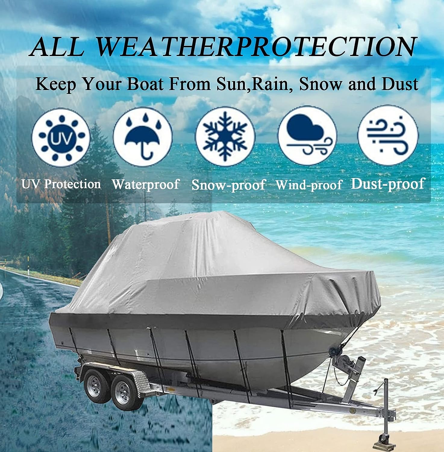 Antipioggia Crema solare Telo Copribarca Rimorchiabile, Telo Copribarca Impermeabile For Tutte Le Condizioni Atmosferiche Tessuto Oxford 600D Con Custodia, Grigio(21-24FT)