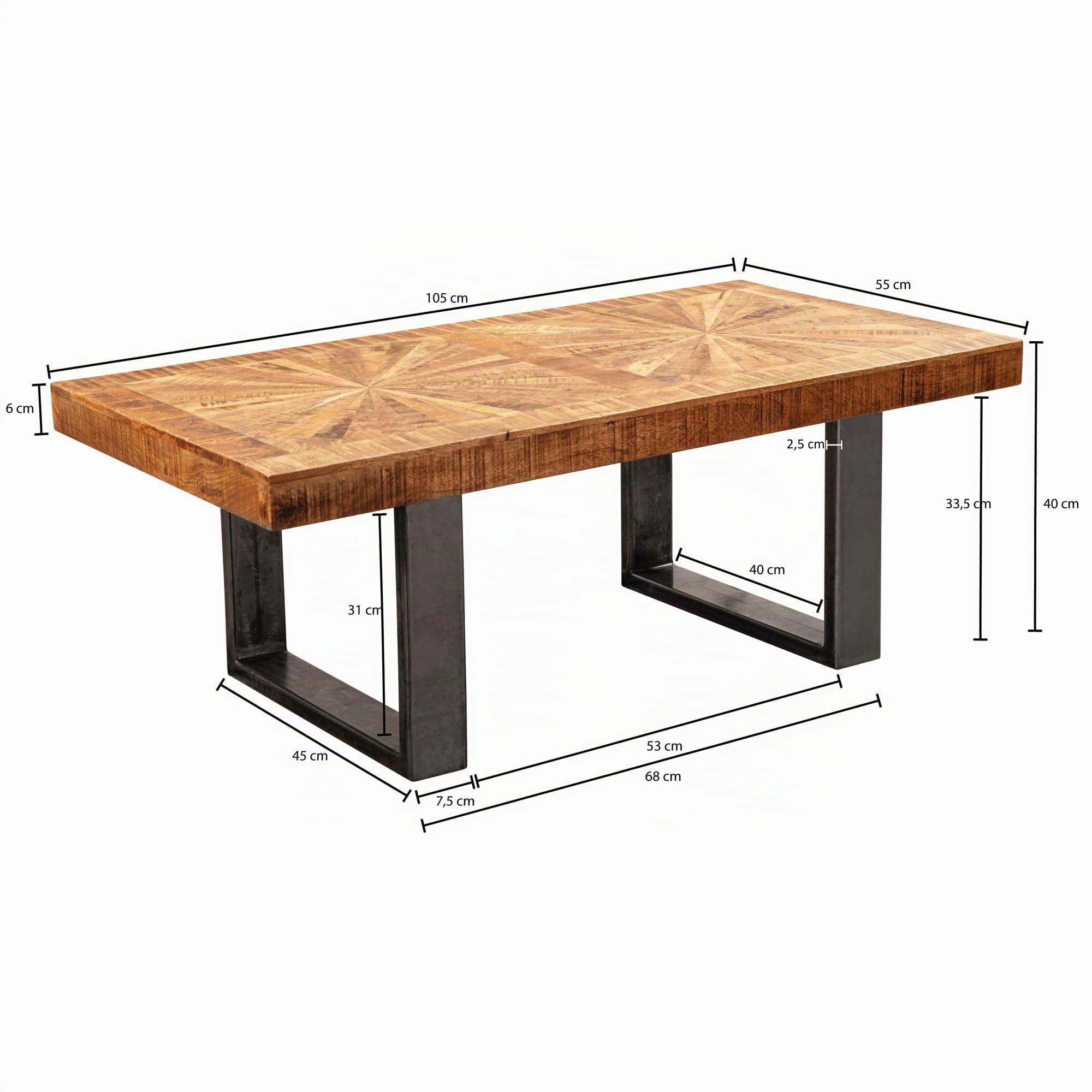 FineBuy Mesa de Centro Industrial Rectangular 105x55x40 cm Madera Maciza de Mango y Metal | Mesa Auxiliar para Salón | Mesita Café para Sofá | Mesa de salón rectangular con estructura de metal, mesa de sofá de madera auténtica, rústica, hecha a mano, únic