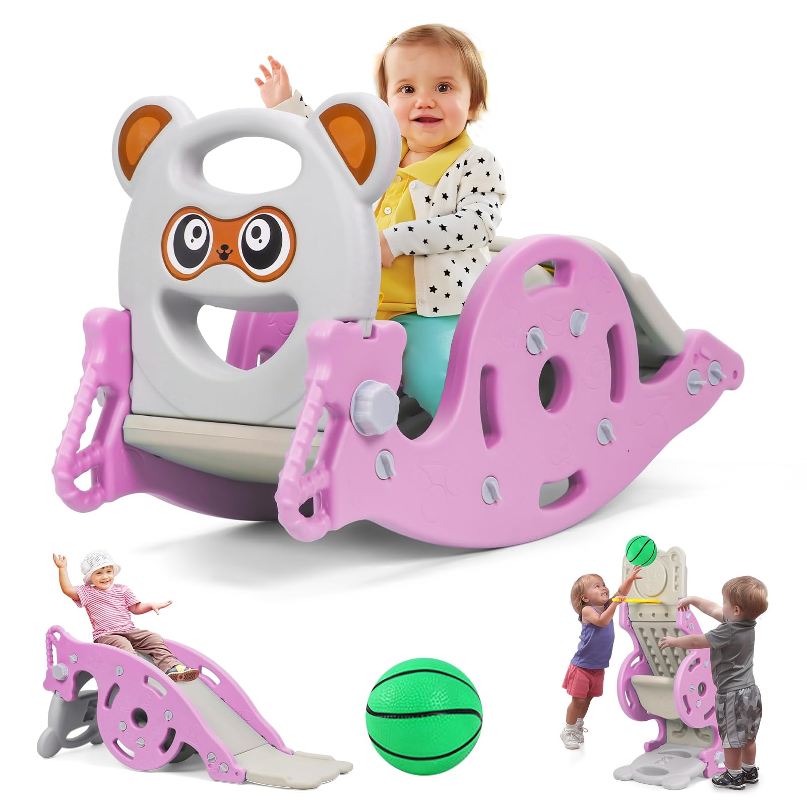 Cheval À Bascule 4-en-1 avec Toboggan Et Panier De Basket, Jouet Bébé Convertible pour Enfants, Cadeau Enfant pour Intérieur Et Extérieur Rose