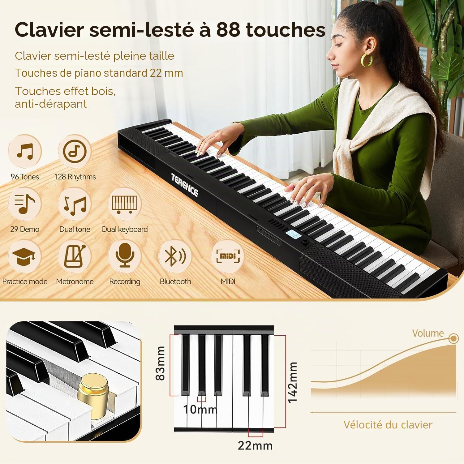 TERENCE Piano Numérique 88 Touches Pliable Piano Électrique avec Touches Lestées Clavier Électronique Bluetooth MIDI Haut-parleurs 2x5W Batterie 1800mAh Pédale de Sustain Sac de Transport Câble Audio