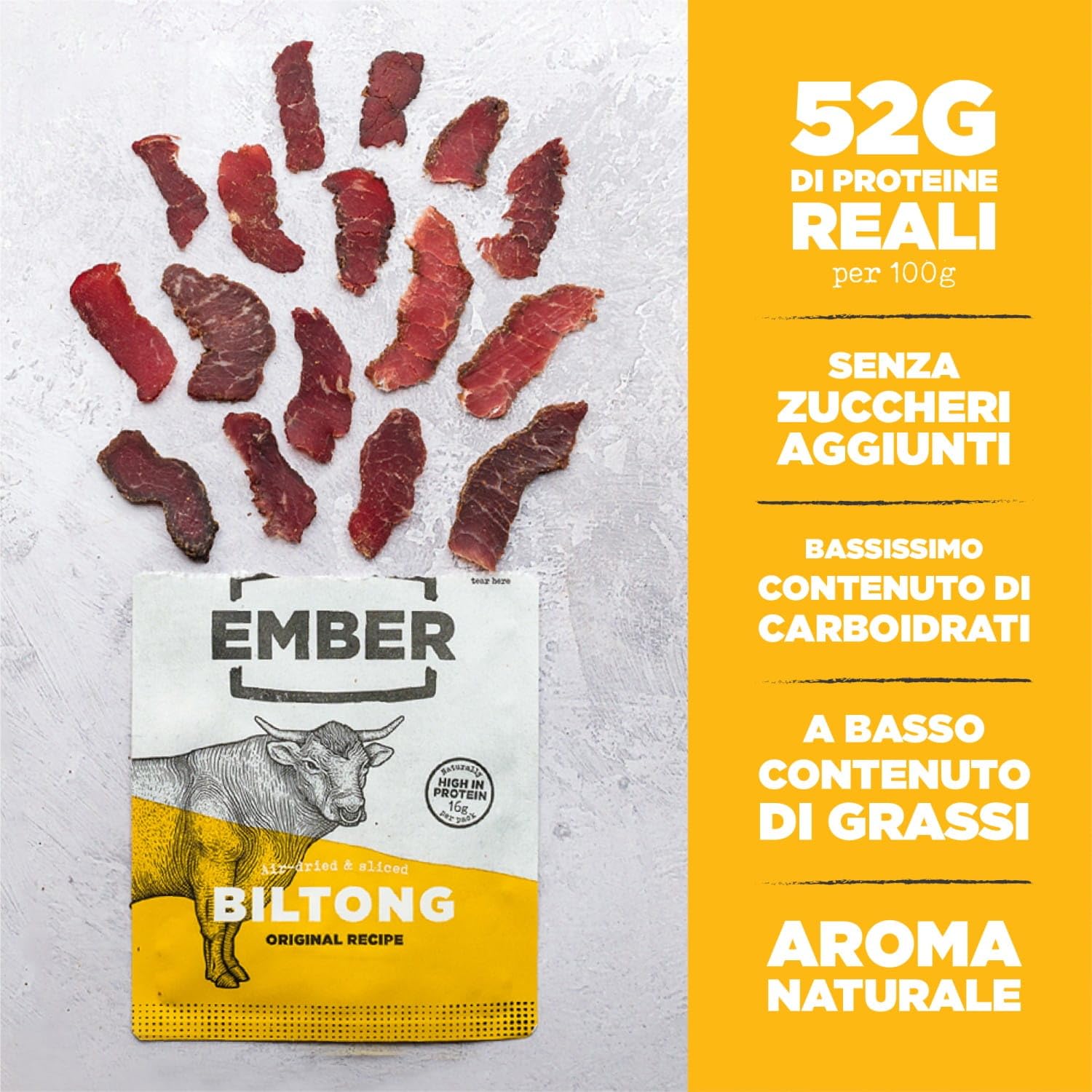 Ember Beef Biltong Varietà 250g - Snack Proteico Jerky di Carne Secca - Pochi Grassi, Senza Zuccheri Aggiunti, Keto, Senza Coloranti o Aromi Artificiali - 10 Bustine da 25g