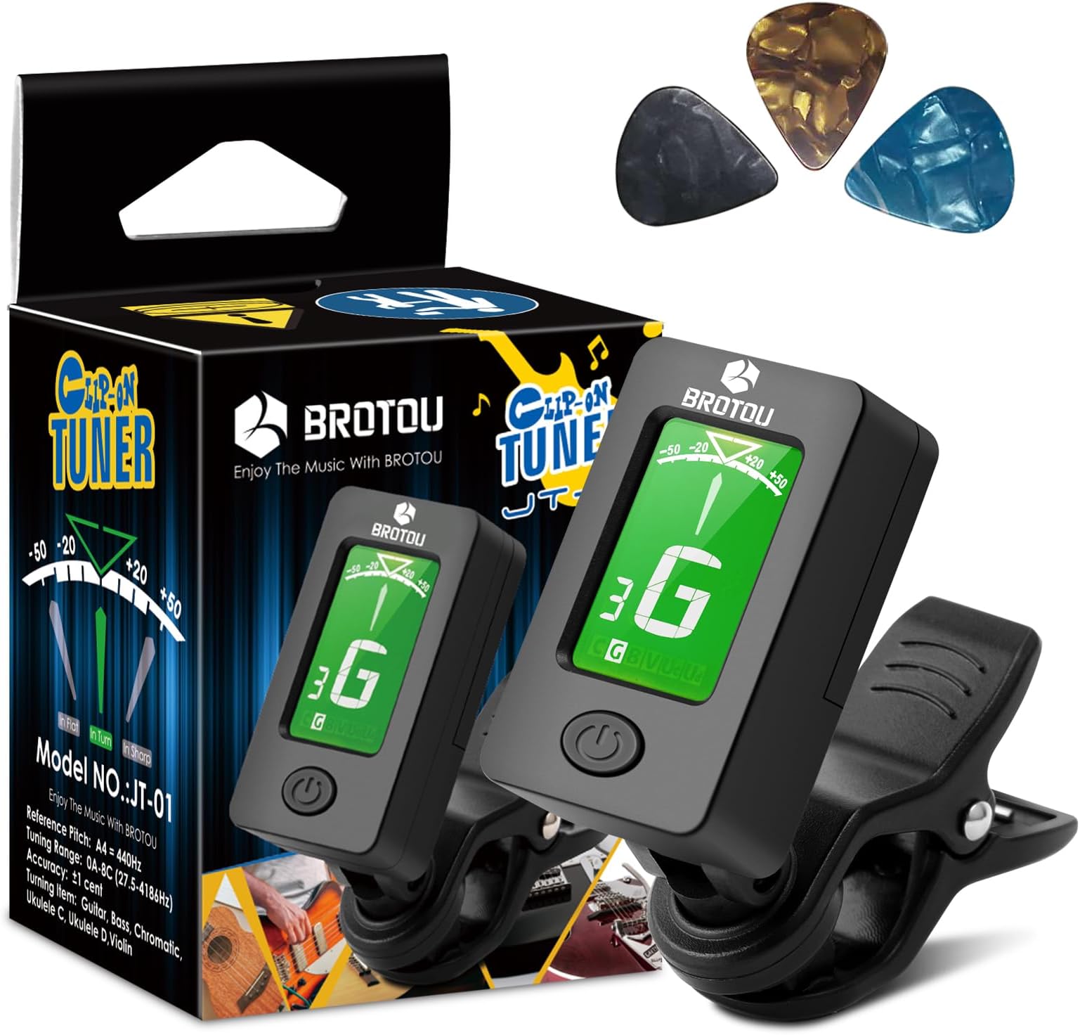 BROTOU Guitar Tuner Clip On with Guitar Capo for Guitar, Bass, Violin, Ukulele, Digital Electronic Tuner Acoustic Guitar Accessories with LCD Display