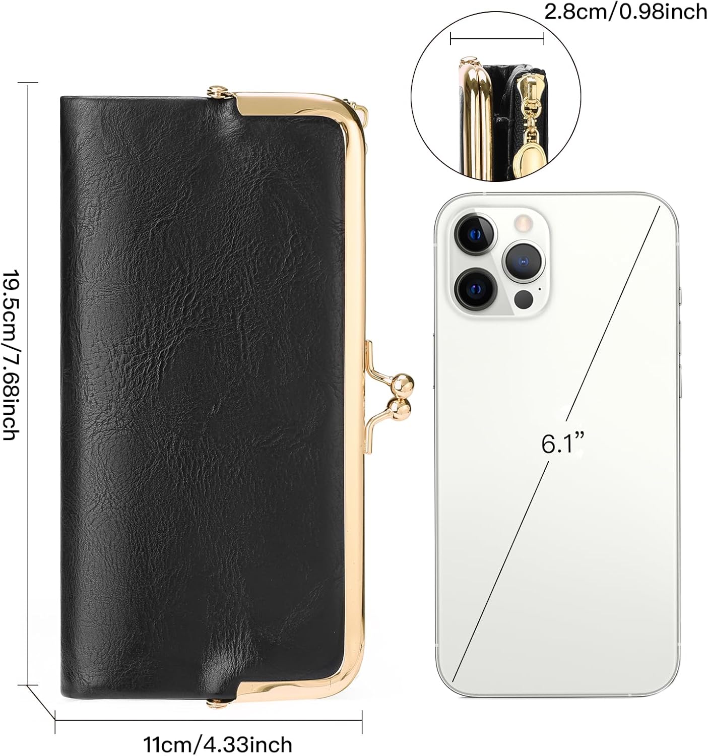 GOIACII Womens Wallet Ladies Vintage Billfold Compact Card Holder Long Zip Clutch Purse with Kiss Lock Black - Image 3