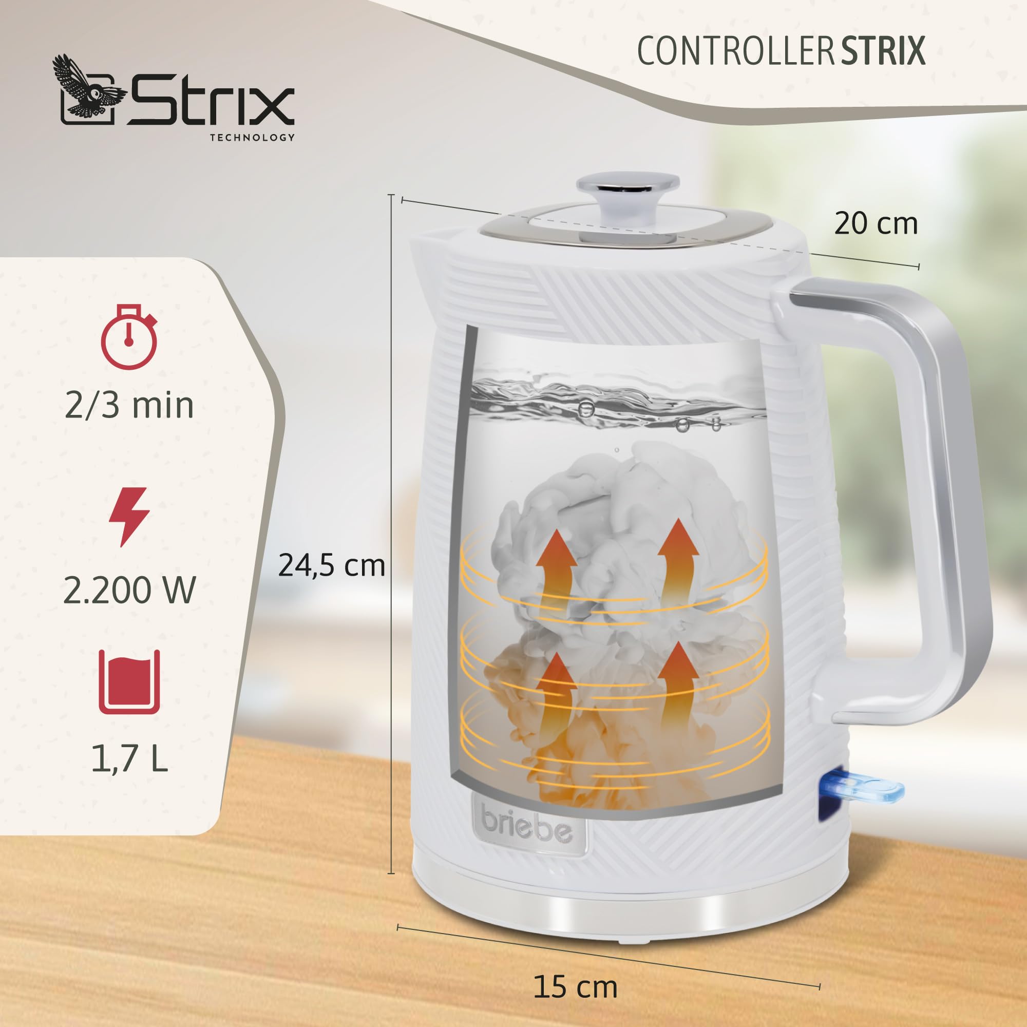 briebe Elegance Tostapane a Fessura Larga a 2 Fette, 7 Livelli di Tostatura, Pinze + Bollitore Elettrico 1,7L Cordless, Ebollizione Rapida 2200 W, senza BPA, Set Colazione, Design Moderno Bianco