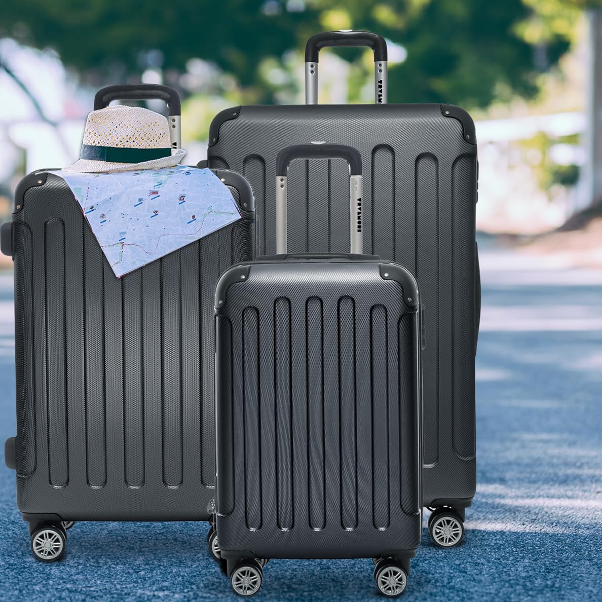 TRVLMORE Set Valise Rigide - Lot Valise - 3 Set de Valise de Voyage - Set Valises Rigides 4 roulettes - Luggage - Set 3 Valises - Ensemble Valise - Suitcase Set - Noir