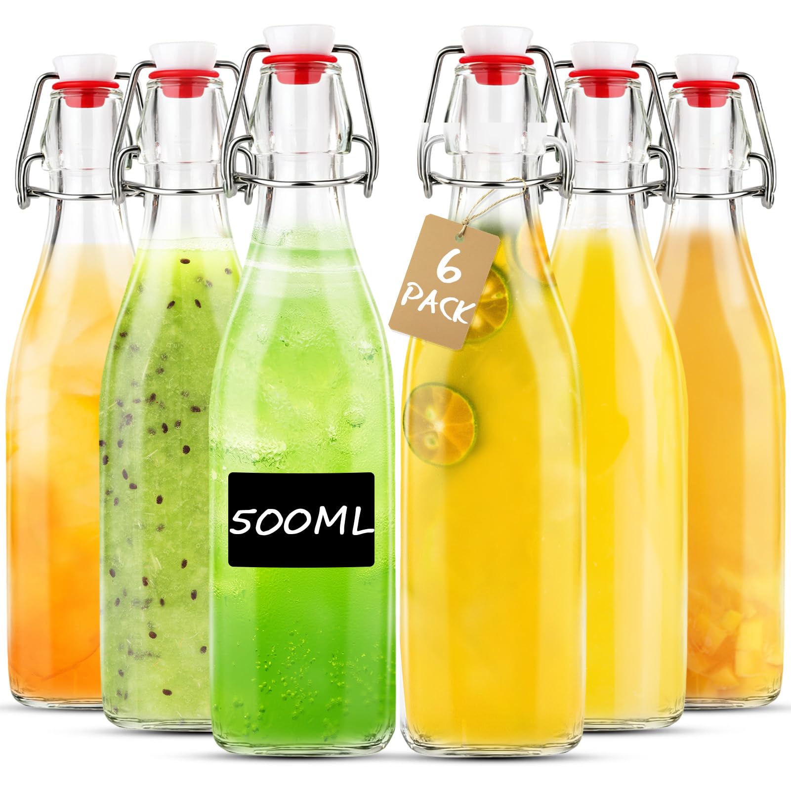 Set da 6 Bottiglie Vetro 500ml con Tappo Ermetico,Bottiglie riutilizzabili a Chiusura ermetica, contenitori in vetro per Bevande Fatte in Casa, Birra, Liquori, Succhi, Olio