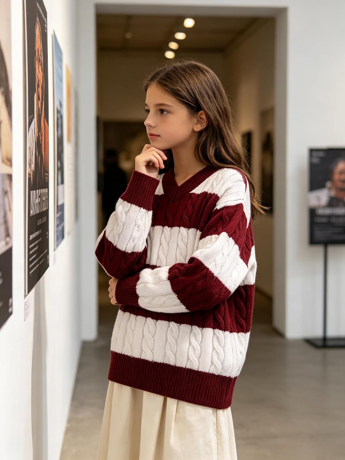 Girls Vintage Striped Sweaters Long Sleeve V Neck Knit Pullover Tops