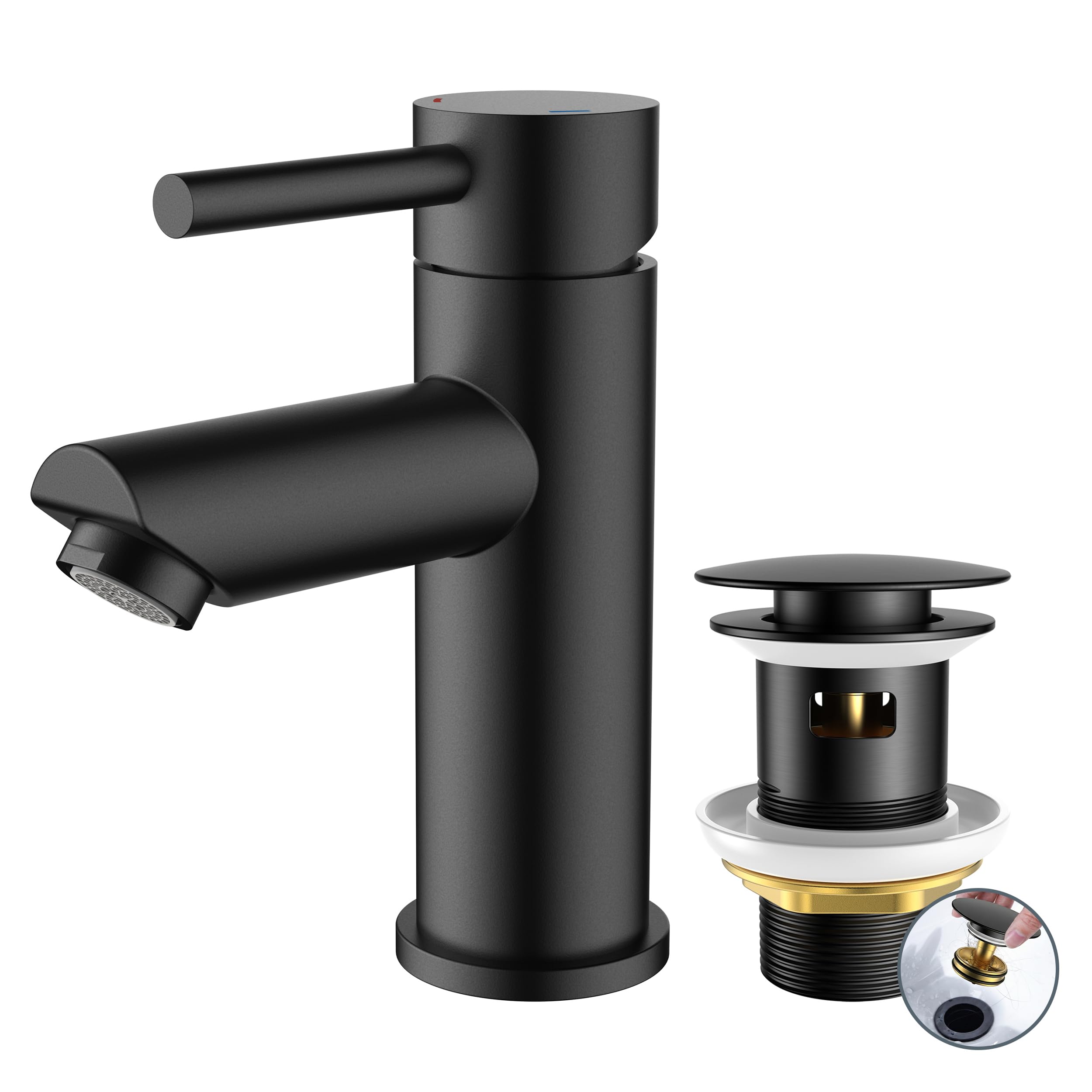 FORIOUS Grifo De Baño Con Desagüe, Grifo De Lavabo De Acero Inoxidable Con Altura De Salida 85MM, Mezclador Monomando Para Agua Fría Y Caliente En El Baño, Negro