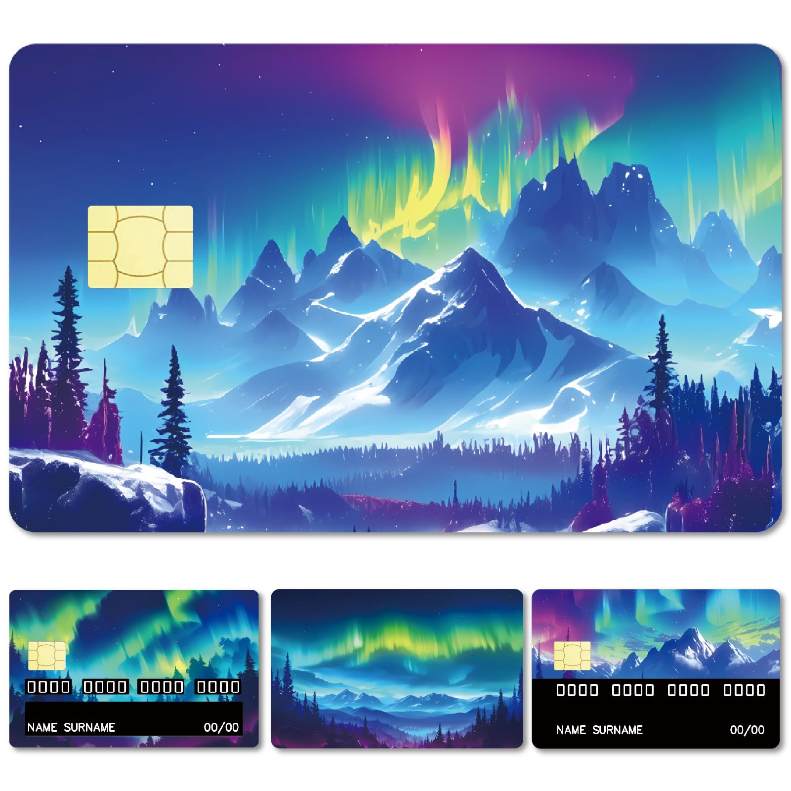 CREATCABIN 4Pcs Credit Card Skin Debit Card Sticker Forest Aurora Personalizing Credit Card Decor Slim Waterproof Removable Bank Card Protecting Sticker for Credit Card Holders 3.3x2.1in