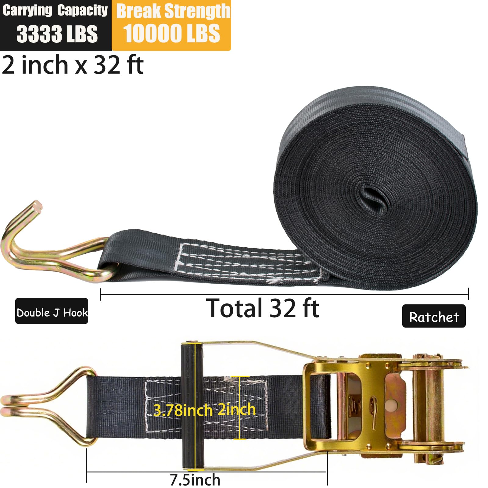 Confezione da 4 cinghie a cricchetto da 5 cm, resistenti, resistenza alla rottura di 4,535 kg, 9,8 m, cinghie a cricchetto con doppio gancio a J, cinghie a cricchetto per camion, rimorchi, moto