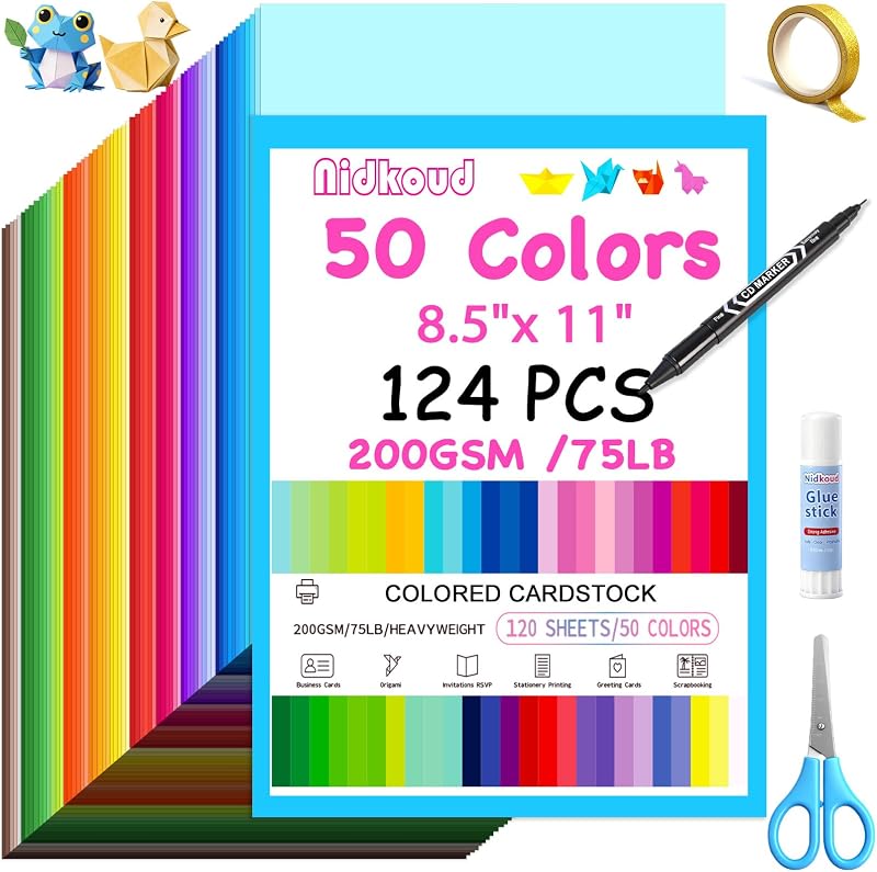124PCS Colored Cardstock 8.5" x 11", 50 Assorted Construction Paper Bulk 200GSM/75LB Colorful Card Stock for Scrapbooking, Heavyweight Printer Paper for CardMaking, Crafts,Kids School Supplies