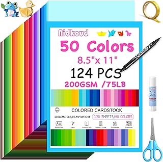 124피스 인쇄 용지 21.6 x 27.9cm(8.5 x 11인치), 50가지 다양한 색상 건설 용지 벌크 200GSM/34kg 스크랩북용 다채로운 카드 스톡, 카드 제작, 공예, 어린이 학교 용품용 고중량 프린터 용지