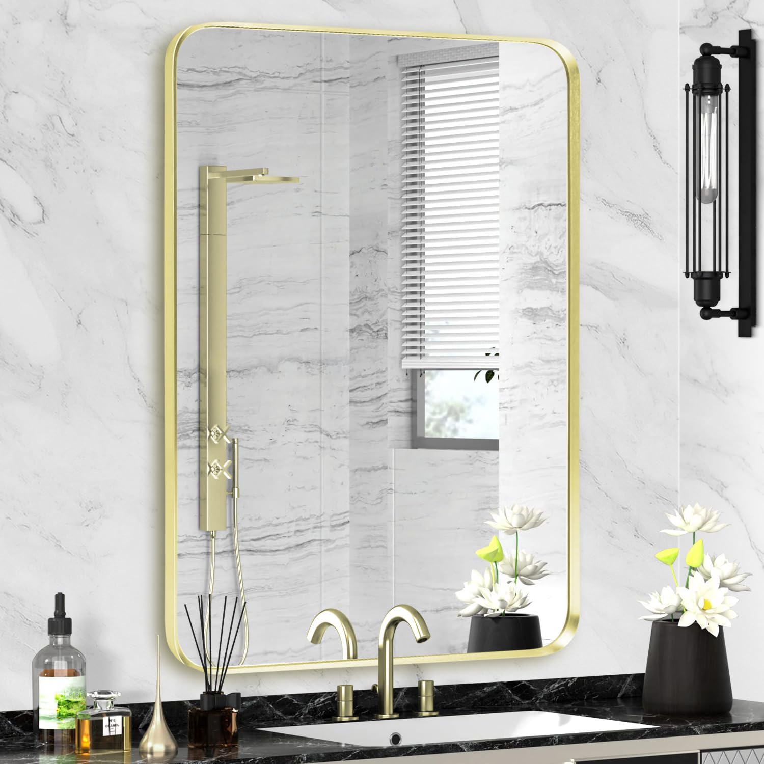 Gold Framed Bathroom Mirror, Brushed Gold Bathroom Vanity Wall Mirror, Rounded Rectangle Gold Frame Mirror, Tempered Glass, Anti-Rust, Hangs Horizontally or Vertically (24" x 32", Gold)
