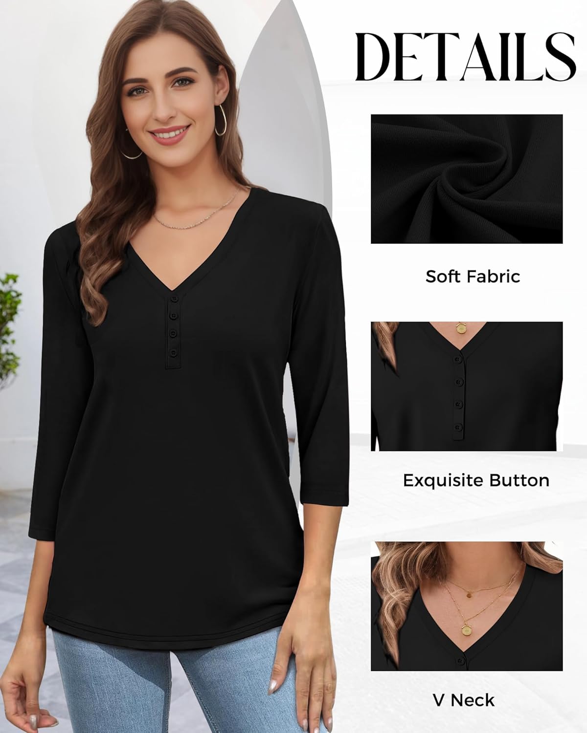 3/4 Length Sleeve Womens Tops Casual V Neck T Shirts Solid Basic Tee Tunic Tops Button Down Shirts Fall Clothes - Image 2