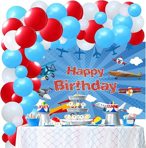 Miniatura 6 de 86 piezas de decoración de fiesta de cumpleaños de aviador, aviador, decoración de fiesta temática de avión con globos inflables de nube de avión,