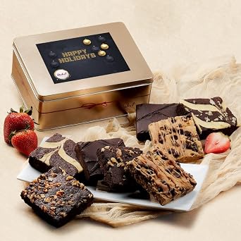 Holiday Gift Baskets - 18 Individually Wrapped Brownies Freshly Baked in a Variety of Flavors - Dulcets Signature Flavored Fudge Brownies Christmas Gift Baskets for Families - Gift Box with Season Greetings Card