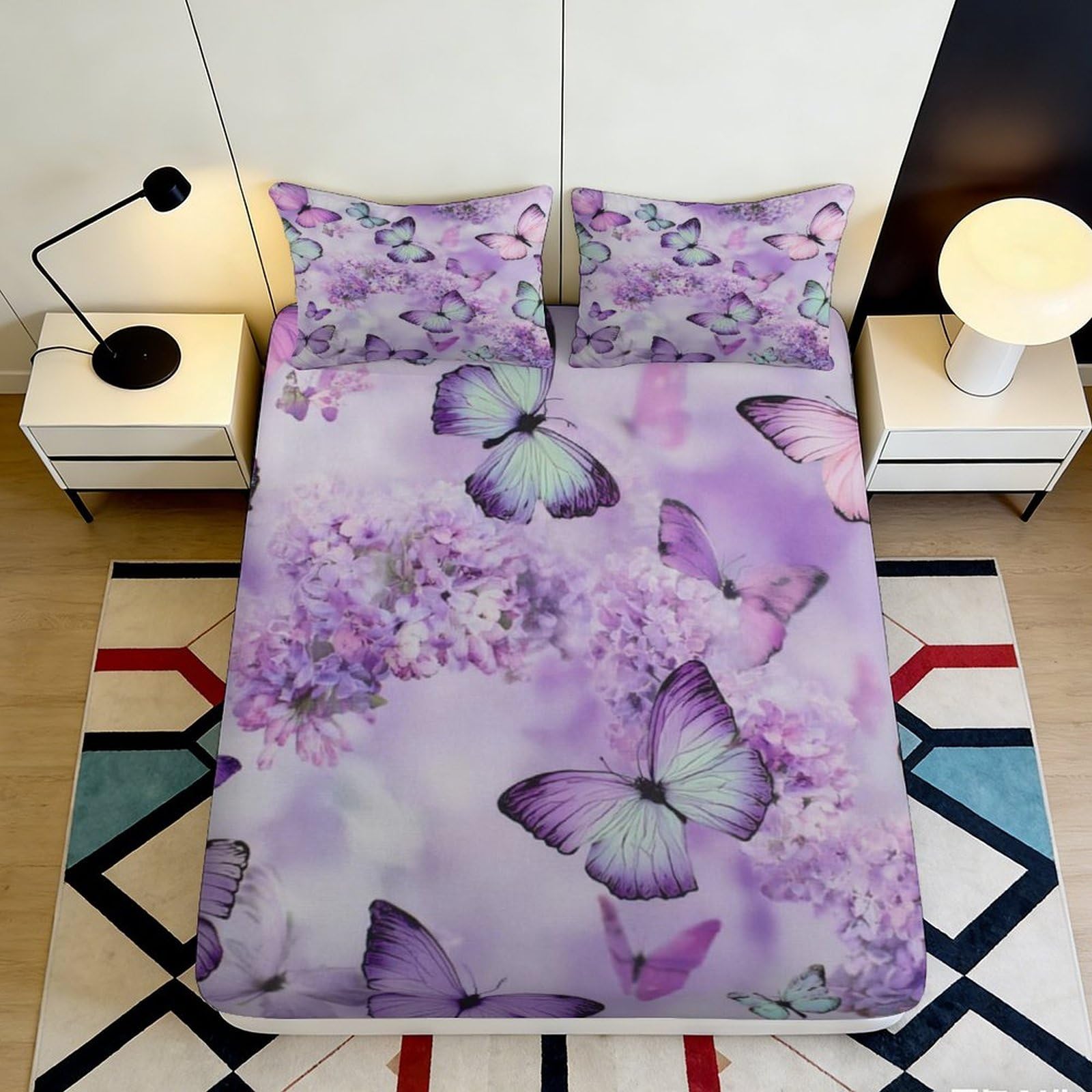3D Printed Butterfly Pattern Fitted Sheet Microfiber Deep Pocket Non-Slip Bedroom Butterfly Mattress Fitted Cover for Adults Teens 120x200x25cm