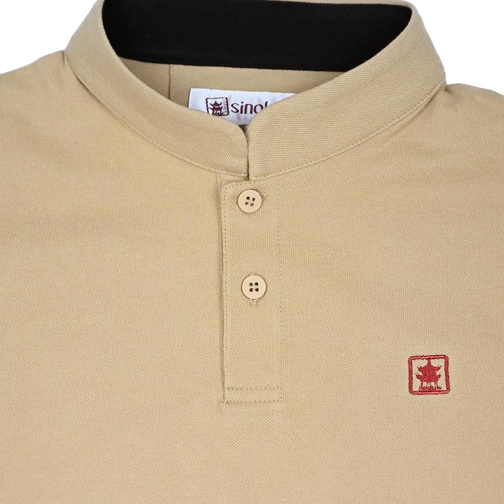 Polo Piquet con Colletto Mao in Cotone Beige, beige, 3XL