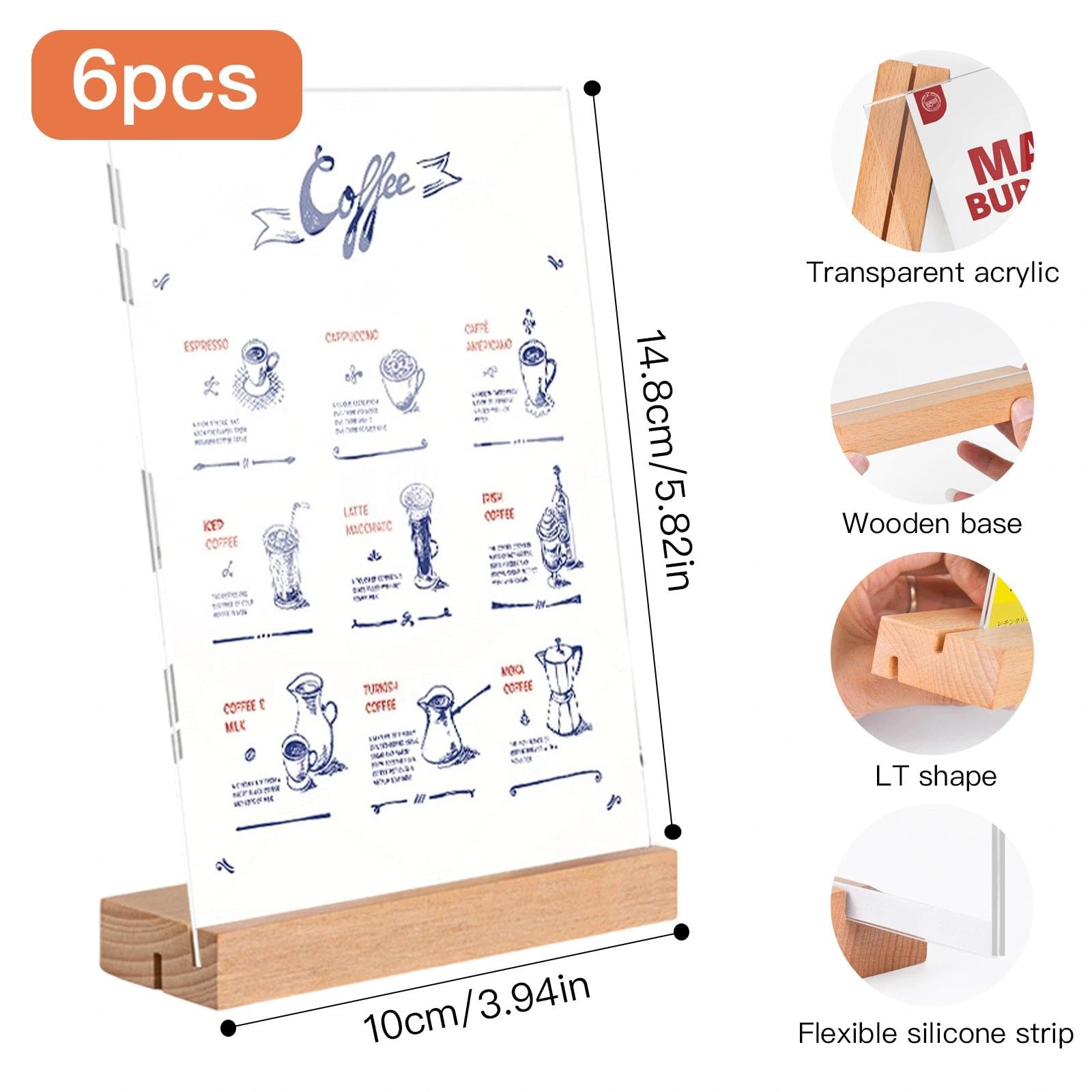 Espositore Plexiglass A6 Porta Menu da Tavolo Legno T Forma 6 Pezzi (10x15 cm) per Uffici, Ristoranti, Hotel