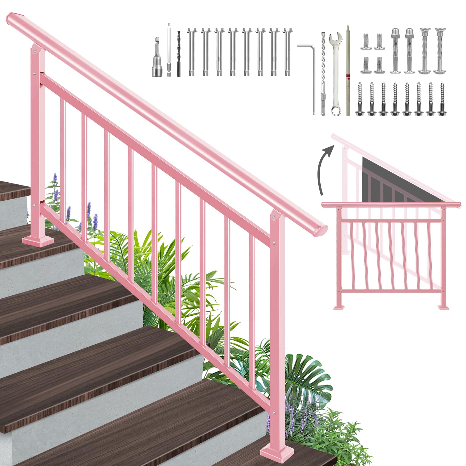 Photo 1 of Adjustable Handrails for Outdoor Steps – Pink Metal Stair Railing with Flexible Angle Design, Deck Railing Fits 1 to 5 Steps or Horizontal Use, Unique Wrought Iron Hand Rails with Installation Kit