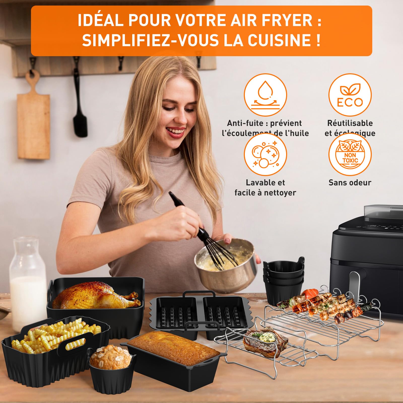 Accessoires pour Philips Dual Basket Airfryer 3000 & 5000 (9L) - Kit de 12 Pièces pour NA350/00, NA352/00, NA550/00 - Moules en Silicone (6L/3L), Grille de Cuisson, Moules à Muffins et Gaufres