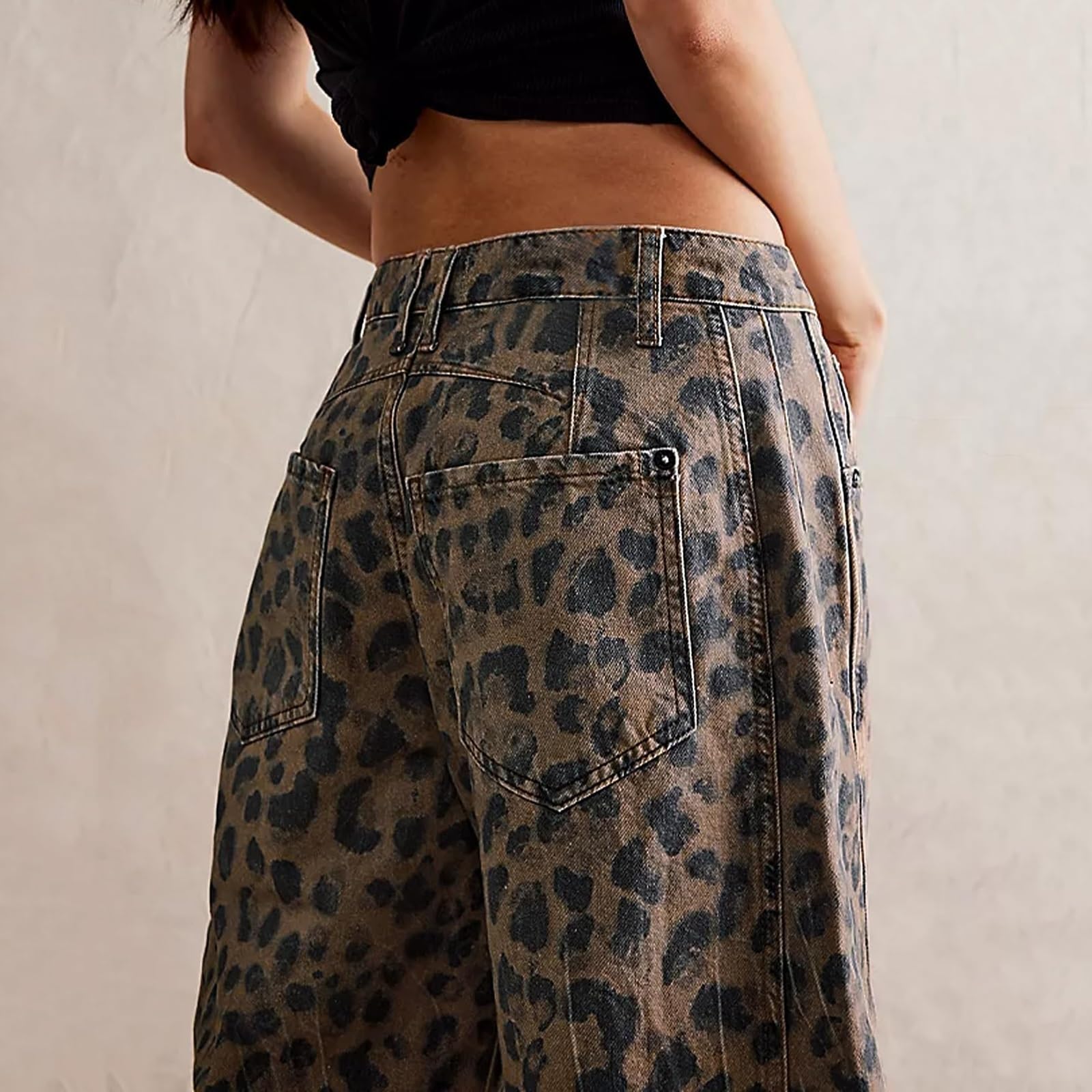 Jeans Leopard Barrel pour Femmes Taille Moyenne Jeans Vintage Amples à Jambes Larges Jeans Baggy Boyfriend Y2k Streetwear avec Poches Jeans Courts Jeans Hip Hop