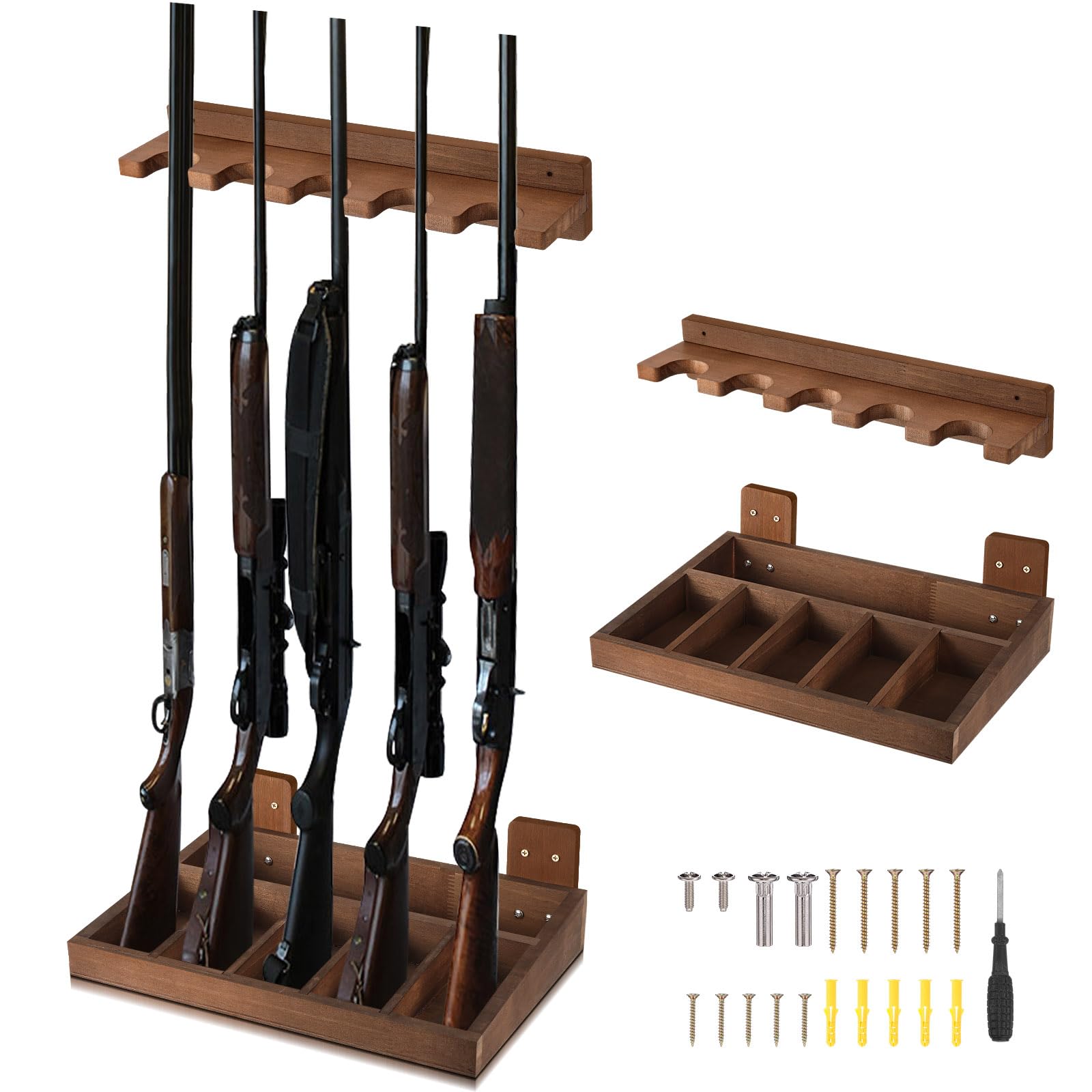 GlikCeil 1 juego de soportes verticales de nogal para armas, montaje en pared, para interiores, con capacidad para hasta 5 pistolas largas, soporte de madera para exhibición de rifles, accesorios para