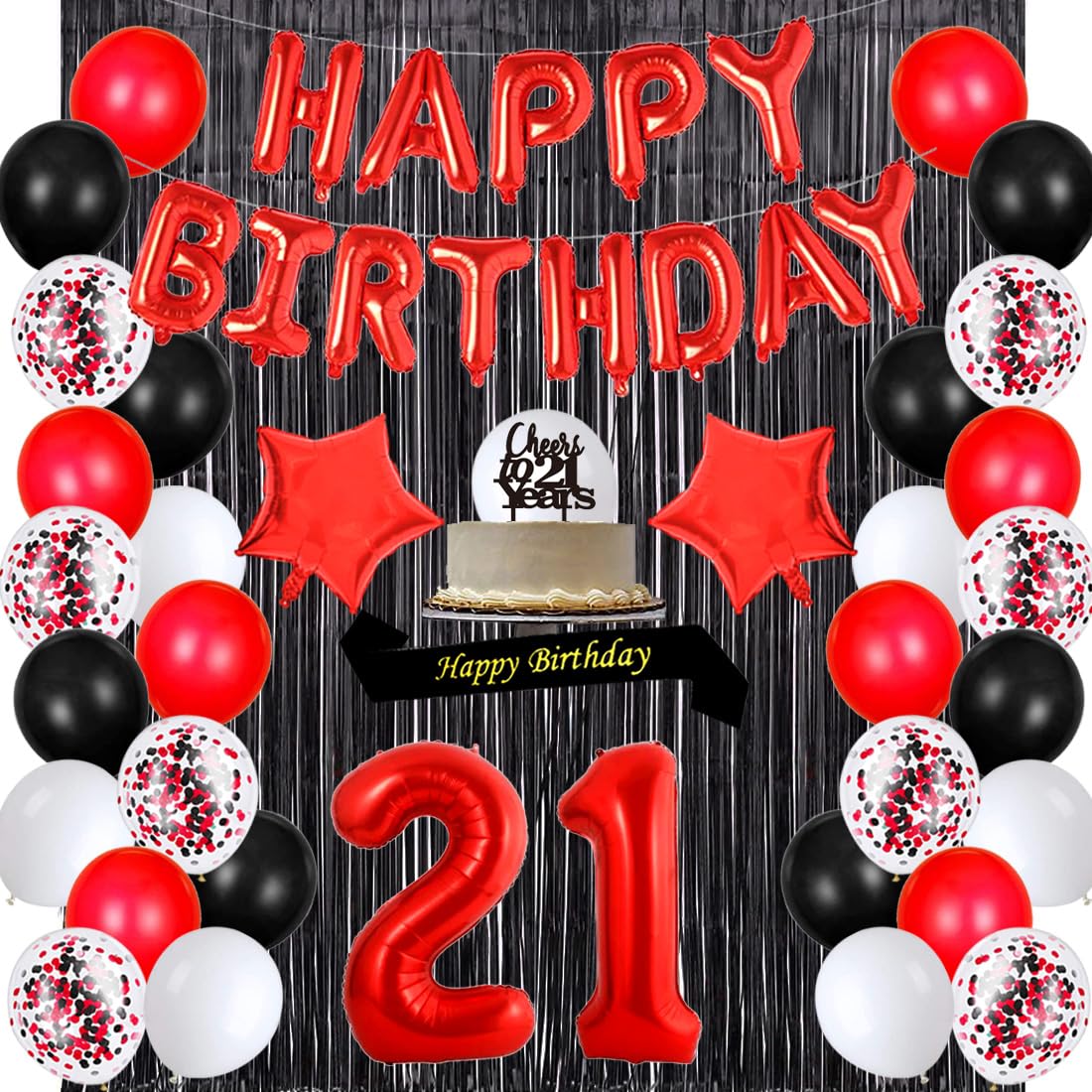 Red 21st Birthday Decorations Happy Birthday Banner Sash Cheers To 21 Years Cake Topper Number 21 Confetti Latex Balloons Black Tinsel Foil Fringe Curtains for Girls Women 21 Years Old
