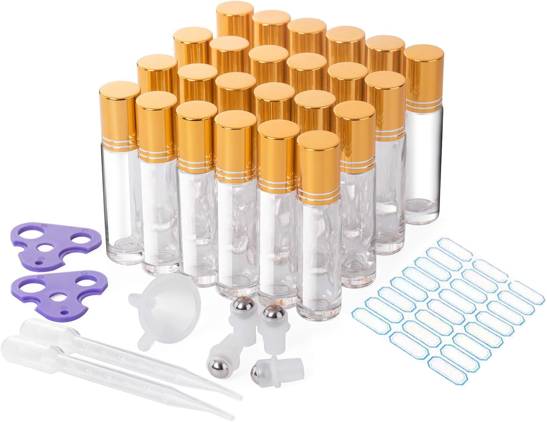 Essential Oil Roller Bottles 10ml, Essential Clear Glass Roller Bottles For Traveling, Perfume Cosmetic Liquid with Gold Cap, 24 Pack, Extra Stainless Steel Balls, Labels, Opener, Funnel