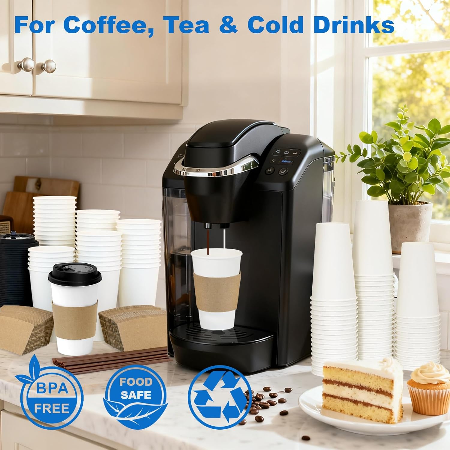 16 oz 100 Pack Coffee Cups with Lids and Sleeves, Straws, Hot Disposable To Go Travel Paper Cups Bulk for Office, Home Coffee Bar Accessories, Chocolate, Cocoa, Beverage (White) - Image 2