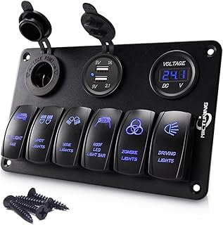 MICTUNING Waterproof 6 Gang Rocker Switch Panel with 12V Cigarette Lighter Socket, Dual USB Charger and LED Digital Voltmeter for Car RV Caravan Marine Boat