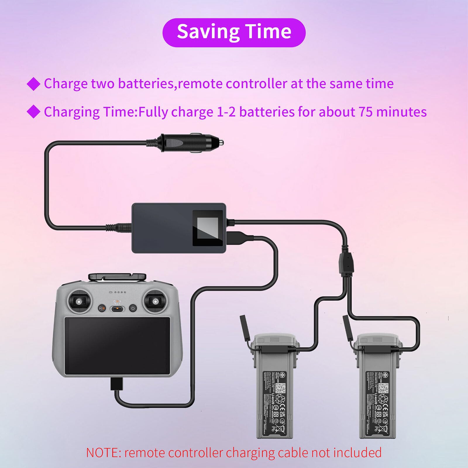 Durable LCD Car Charger, Drone Battery Fast Charging Hub with 12V DC Cigarette Lighter Cable for DJI AIR 3