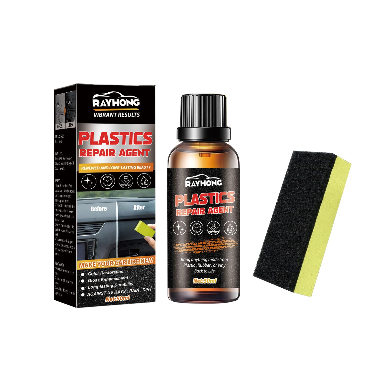 Plastic Restorer for Cars, Lasting Auto Restoring Liquid, Qucik Hydrophobic Ceramic Trim Coating Kit, Exterior and Interior Plastic Revitalizing Coating Agent, Resists Water, UV Rays, Dirt (50ml)