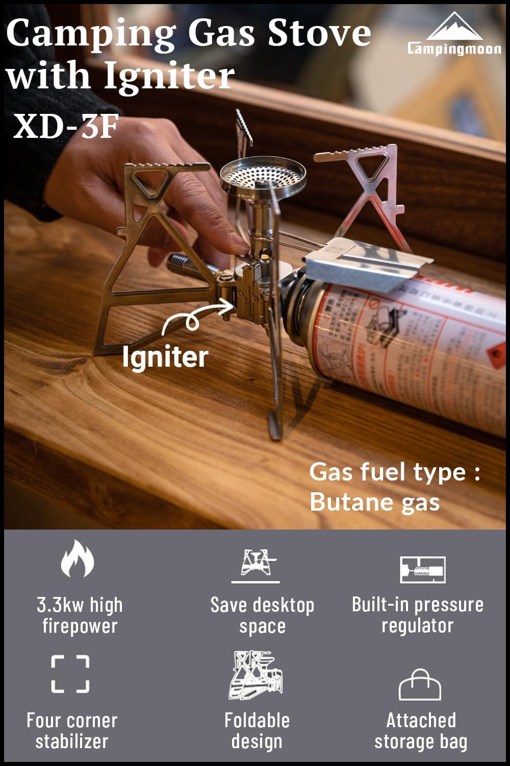 CAMPINGMOON Butane Camping Stove Portable Regulator Single Burner w/Storage Bag XD-3 (Silver w/igniter)