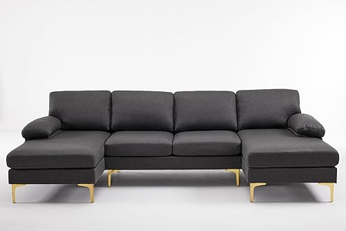Miniatura 8 de Sofá seccional moderno en forma de U con diván doble, sofá de tela moderno con pies de latón para sala de estar, (gris oscuro)