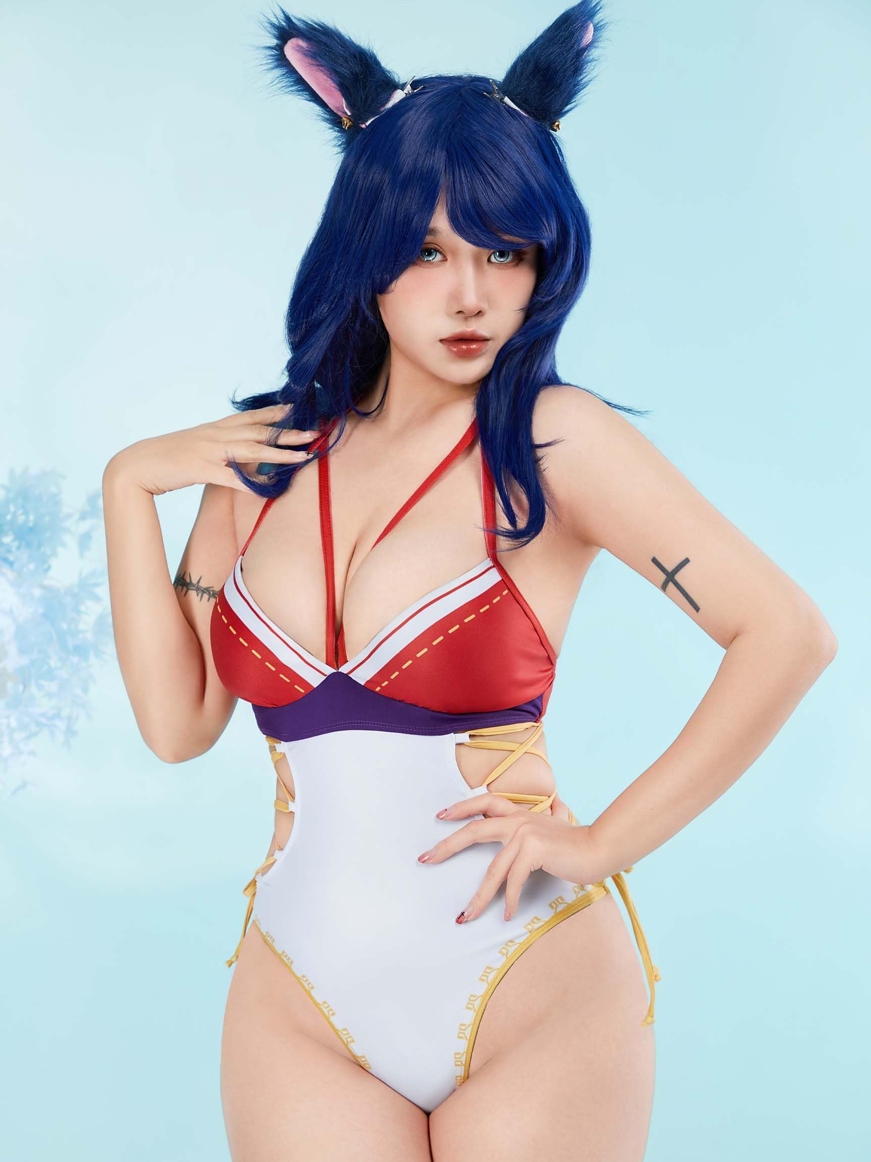 haikyuu Costume intero da donna con spalline incrociate, costume da bagno per cosplay, con copertura in chiffon e orecchie, Rosso, Small
