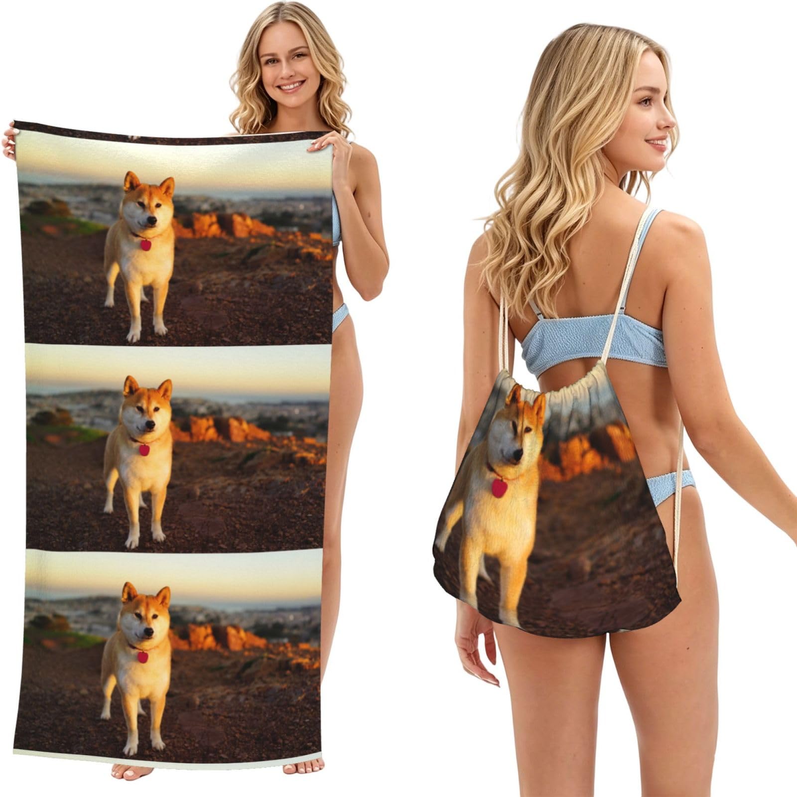 Poadnly As Picture Shiba Inu Pets Dogs Sunset Bokeh Shiba Inu, 2 In 1 Packable Towel Bag, Beach Towels With Drawstring Backpack For Travel Holiday Camping