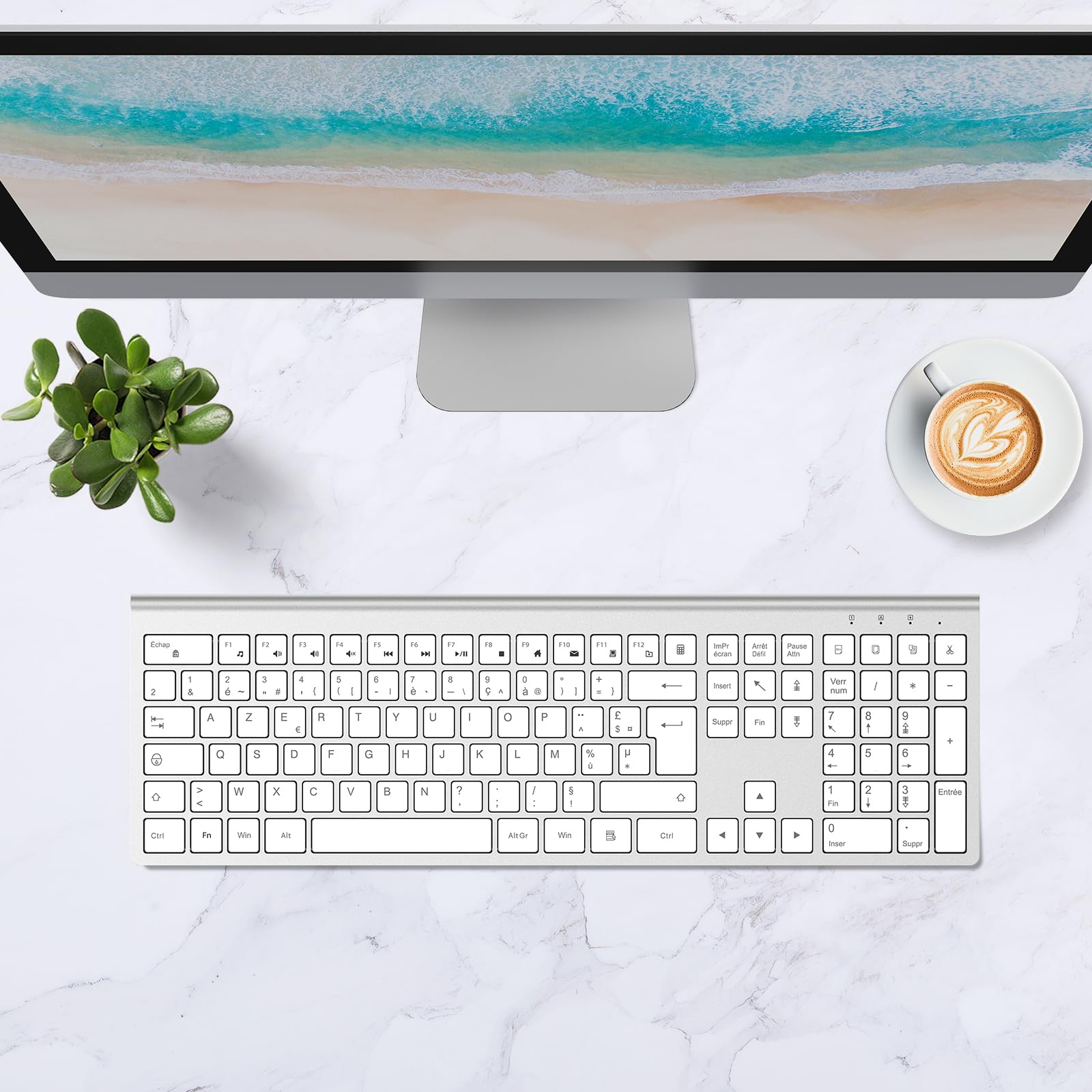 cimetech Clavier sans Fil Rechargeable, Connexion 2.4Ghz, Clavier Silencieux, Ultra-Fin, AZERTY Français, avec Pavé Numérique, pour MacOS/iOS/Android/Windows/PC/Ordinateur/Portable-Blanc Argent