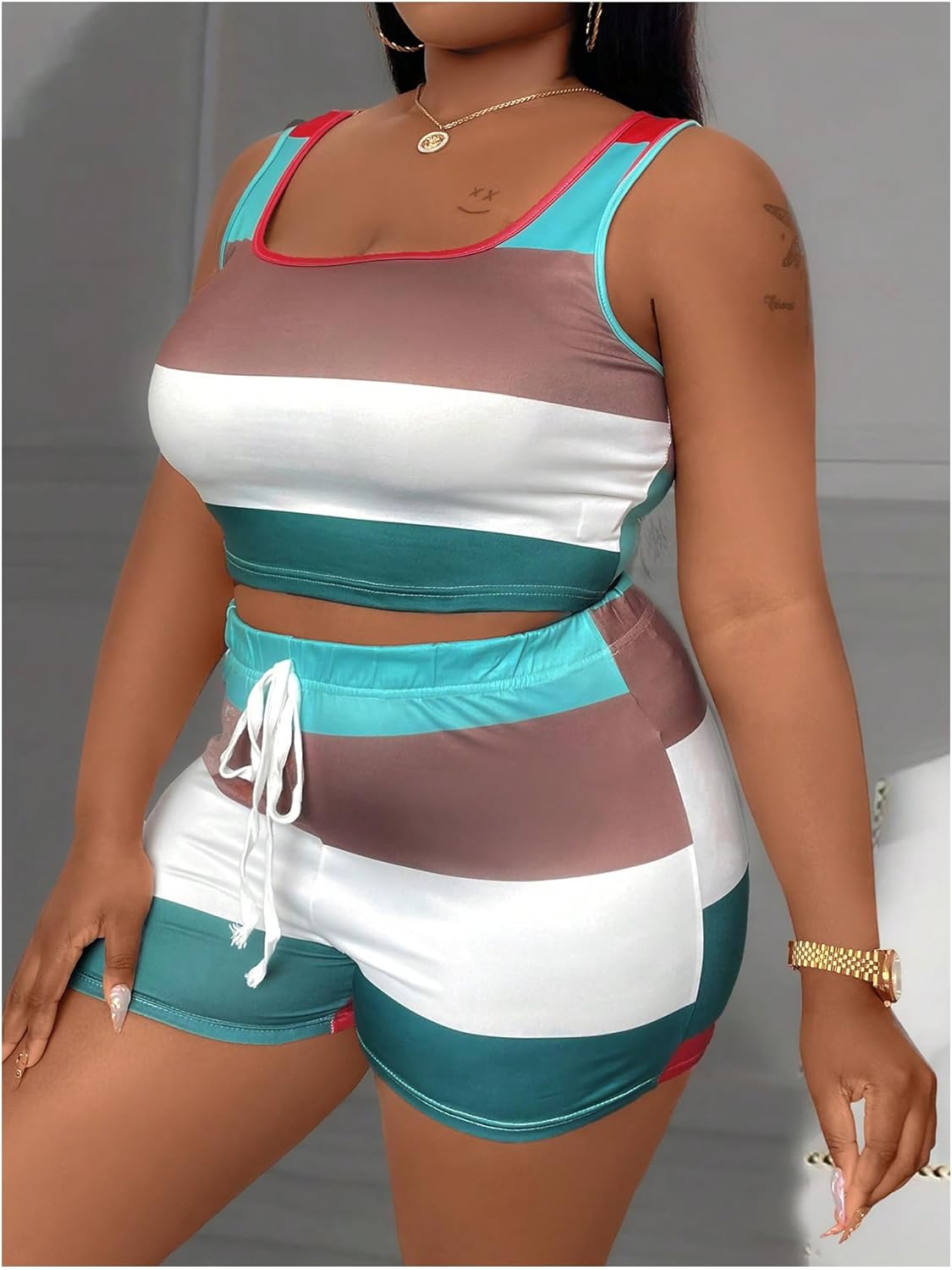 SHENHE Women's Plus Size 3 Piece Outfits Colorblock Striped Tank Top and Shorts Set with Cardigan Green 1XL - Image 5