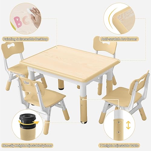 Miniatura 6 de Juego de mesa y 4 sillas para niños de altura ajustable, juego de mesa y silla para niños pequeños con escritorio de graffiti, 31.5 pulgadas de