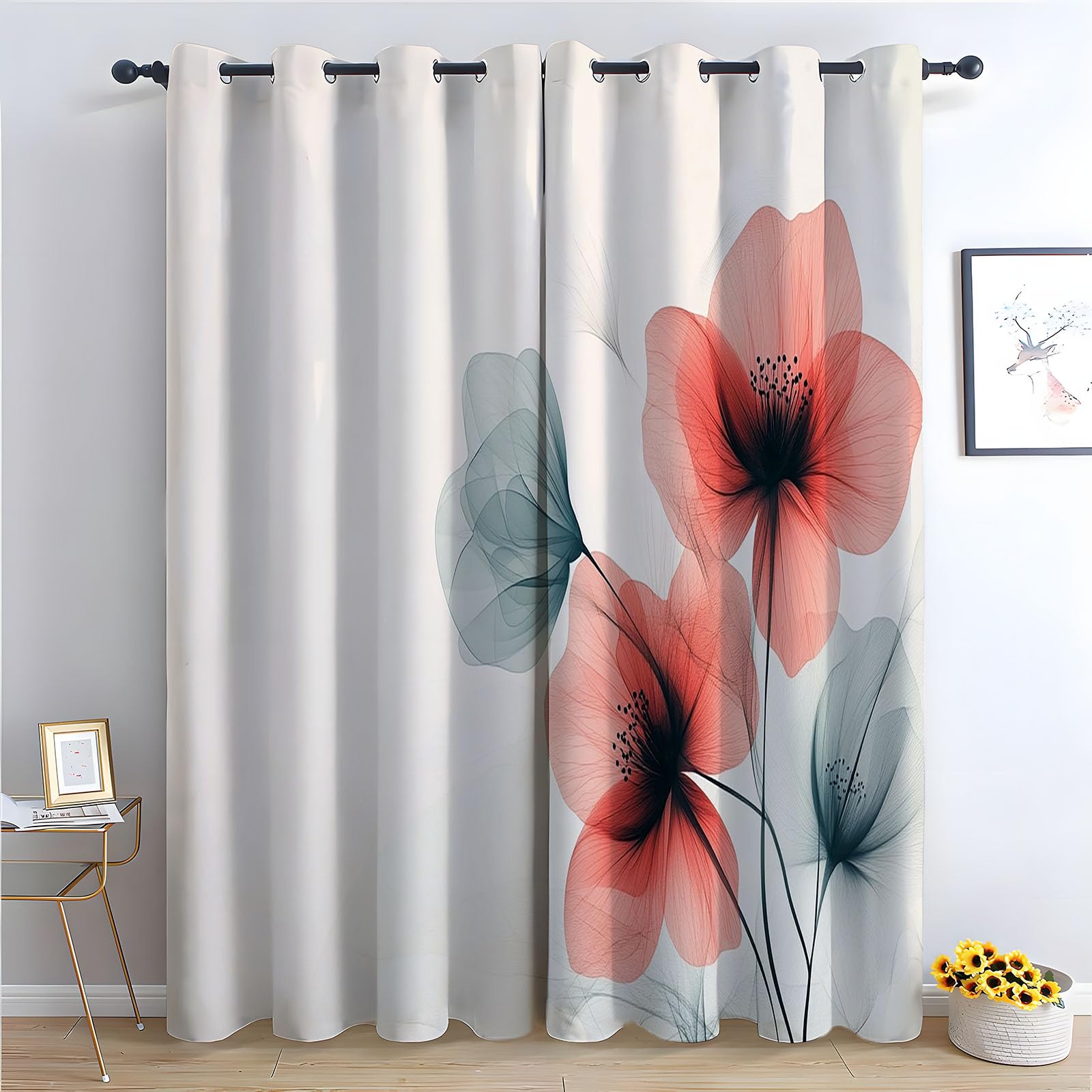 WIKEO Floral Curtains for Living Room Bedroom Abstract Modern Floral Textured Farmhouse Curtain Leaf Printed Eyelet Rustic Drapes Window Treatment-52 W x 96" L (Pack of 2)